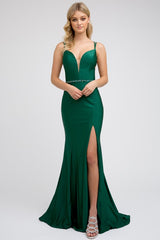 V Neckline Fitted Prom Evening Dress. Plunging Deep V Neckline, Sheer Mesh Inserts on Sides, Beads belt at waist, Double Straps, Open & Criss- cross back