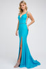 Image of V Neckline Fitted Prom Evening Dress. Plunging Deep V Neckline, Sheer Mesh Inserts on Sides, Beads belt at waist, Double Straps, Open & Criss- cross back