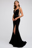 Image of V Neckline Fitted Prom Evening Dress. Plunging Deep V Neckline, Sheer Mesh Inserts on Sides, Beads belt at waist, Double Straps, Open & Criss- cross back