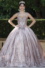 Golden Glitter Print, Embellished Shoulder Strap Quince Dress, Ballgown.