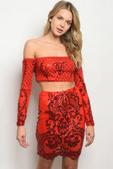 RED W/ SEQUINS TOP & SKIRT SET