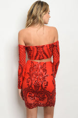 RED W/ SEQUINS TOP & SKIRT SET